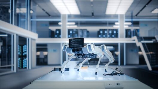 a walking robot with a dual camera sensor standing on a table